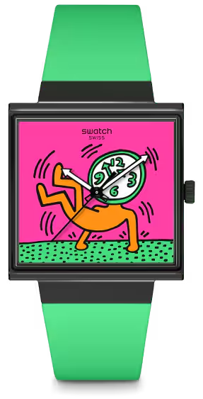 A Keith Haring watch, square, coloured with pink and green stylized with a dancing figure with a clock for a head